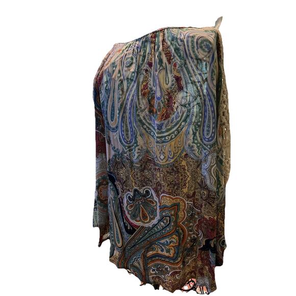 Umgee Cold Shoulder Earth Tones Crochet Sleeve Boho Top Size Medium - Picture 3 of 5